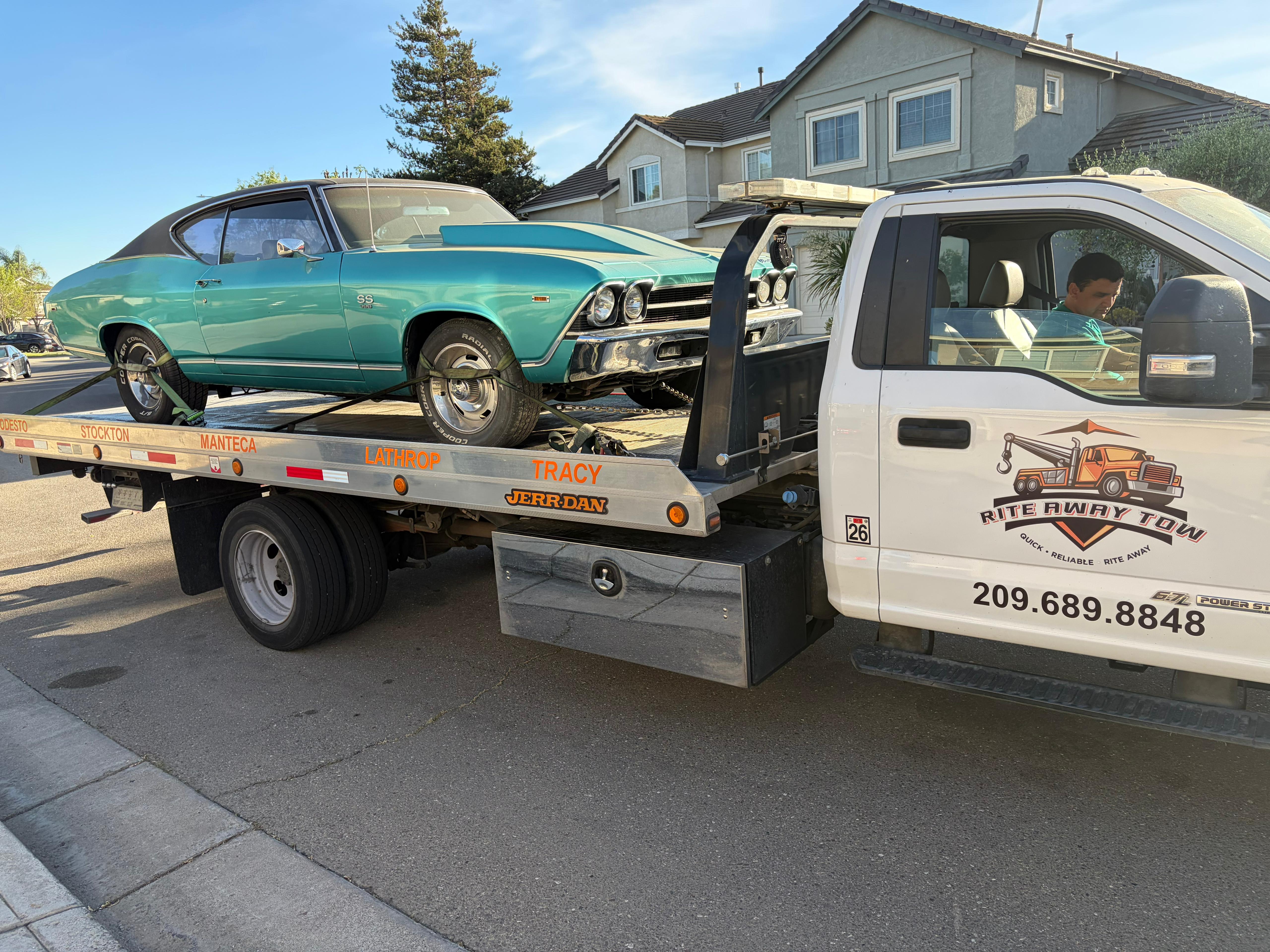 Classic Chevelle loaded on a Rite Away Tow flatbed in Tracy, California